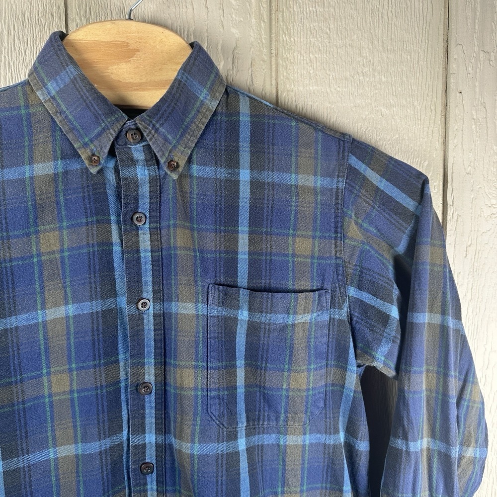 Vintage LL Bean Shirt Medium Tall MT Blue Plaid Flannel Cotton 90s Made In USA